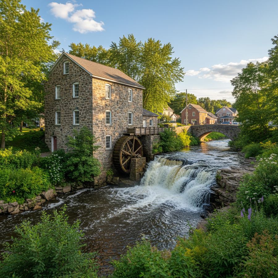 Heritage mill buildings along the Mississippi River in Almonte