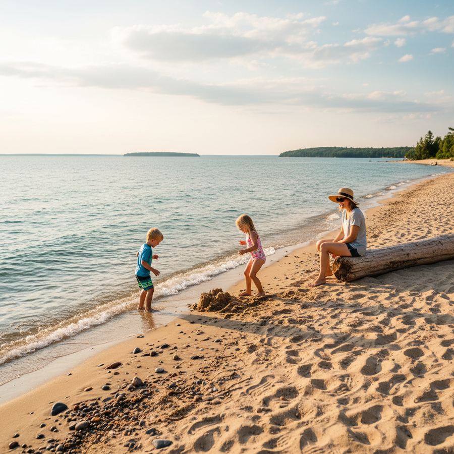 Families on a wide sandy Ontario beach with shallow lake water