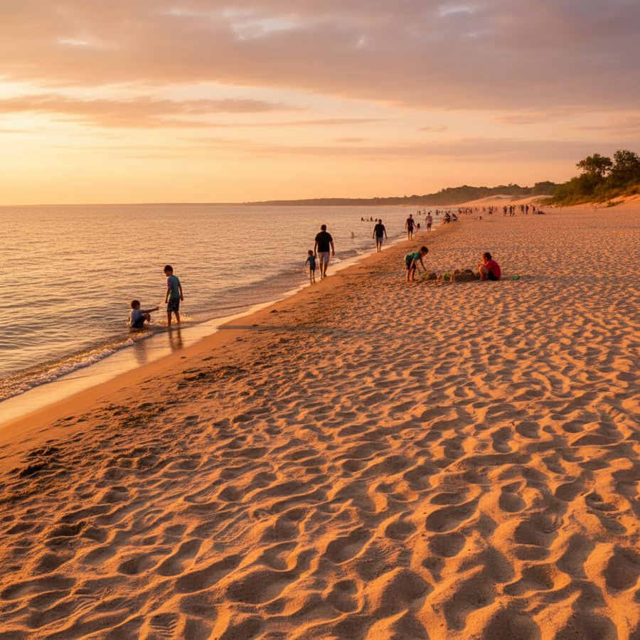 Families watching a Lake Huron sunset from a sandy beach