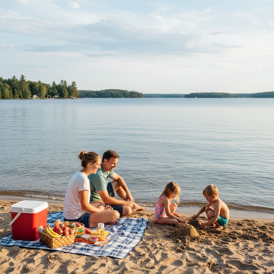 A family walking along a sandy Ontario beach with shallow water