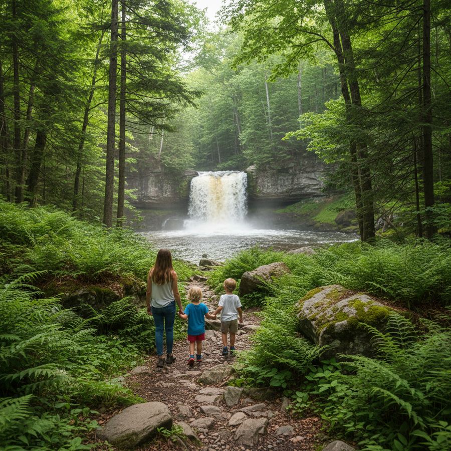 A family hiking a forest trail toward a waterfall in Ontario