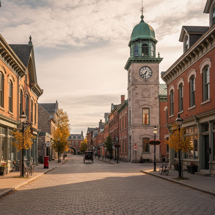 A heritage stone building on an Ontario main street with a red awning