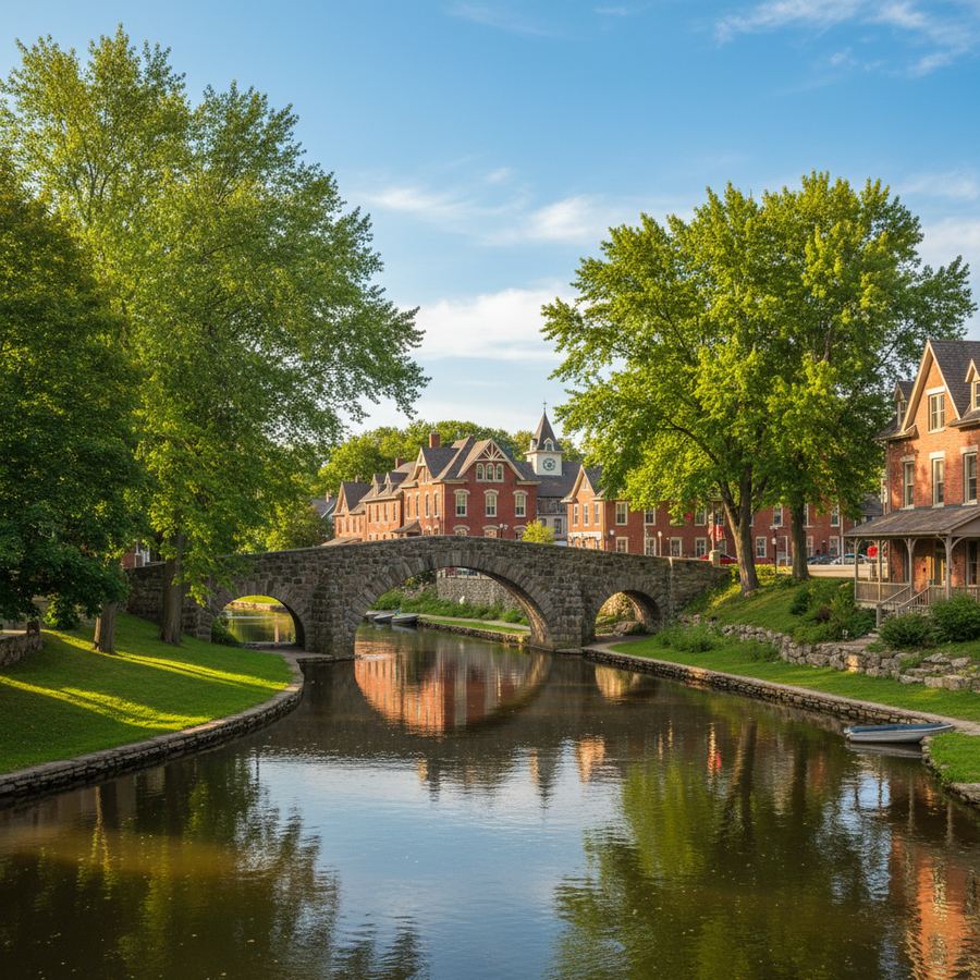 A river winding through a small Ontario town with heritage buildings