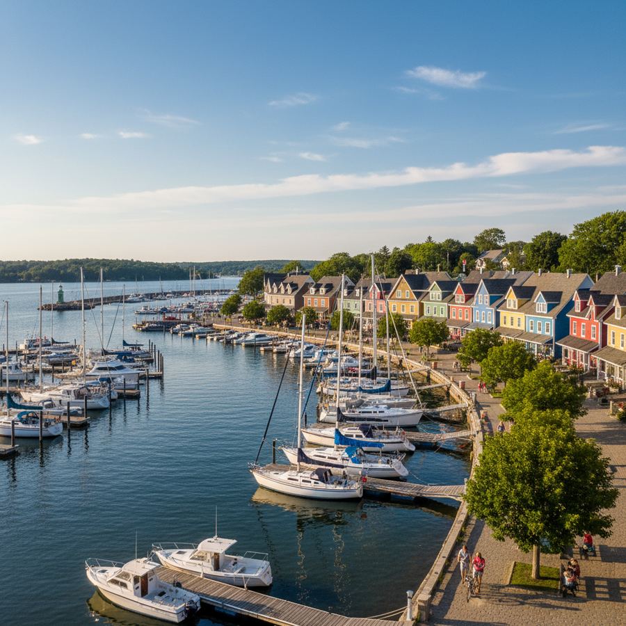Fishing boats moored in a small Ontario harbour at golden hour
