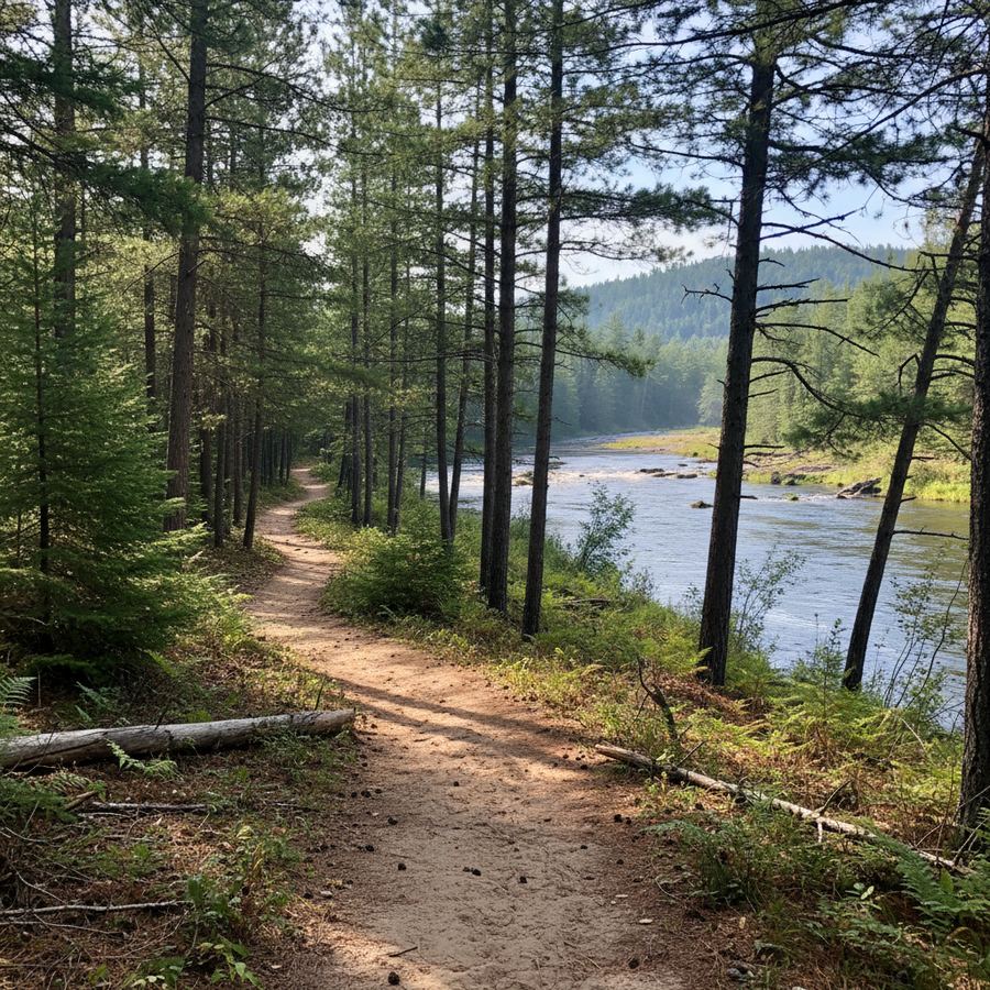 A family walking the Petawawa Heritage Trail through forest along the river